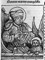 Evankelista Pyhän Markuksen edustus. Kaiverrus Hartmann Schedelin teoksesta "Liber chronicarum" (Nürnbergin kronikot) 1493