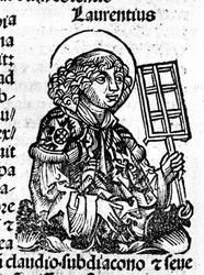 Saint Laurent pitää kädessään grilliä, marttyyrikuolemansa välinettä. Kaiverrus Hartmann Schedelin "Liber Chronicarumista"
