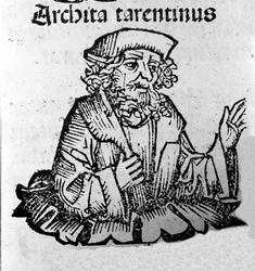 Kreikkalainen filosofi Archytas Tarantosta (435-347 eKr.) filosofi Pythagorician, matemaatikko, tähtitieteilijä. Hartmann Schedelin "" Nürnbergin aikakirjat" -ksylografia