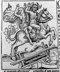Kuningas, noita ja Berkeley-rupikonna William of Malmesbury "" Demonien arkusta kaivettujen Berkeley Witchin esitys""" Hartmann Schedelin kaiverrus "" Liber chronicarum"" Nürnberg 1493
