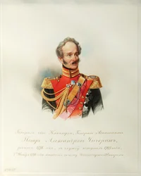 Kenraali Pjotr Aleksandrovitš Chicherinin muotokuva Imperiumin hevosvartijoiden albumista, 1846-1849