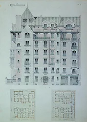 Castel-Berangerin julkisivu ja pohjapiirros, kuvitus Hector Guimardin (1867-1942) kirjasta (värilitho)