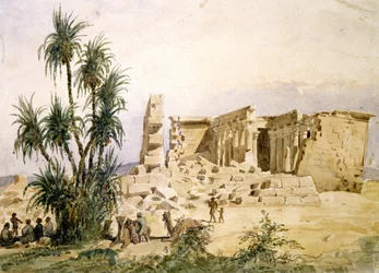 Marharrakan temppeli, Assuan, Nubia, Egypti. Hector Horeaun (1801-1872), ranskalaisen arkkitehdin akvarelli.
