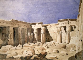 Medinet Habun temppeli". Hector Horeaun (1801-1872), ranskalaisen arkkitehdin akvarelli. Ramses III:n hautajaistemppeli Niilin länsirannalla Luxorissa.