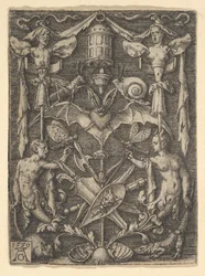Suunnitelma kynttelikkö groteskille, jonka keskellä on lepakko, 1550.