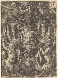 Ornamentti naamiolla, kotka satyyrien välissä alla, 1549.