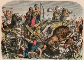 Muinainen Egypti: faarao Ramses II taistelee heettiläisen armeijan sotaleijonia vastaan Kadesissa, 1274 eKr., 1866