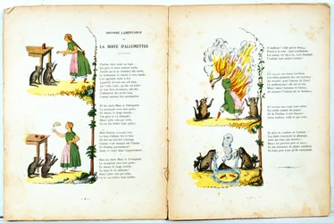 Tulitikkulaatikon valitettava historia, kuvitus Hoffmanns Struwwelpeterin ranskankielisestä käännöksestä, jonka on tehnyt Trim (Louis Gustave Ratisbonne, 1827-1900), n. 1850
