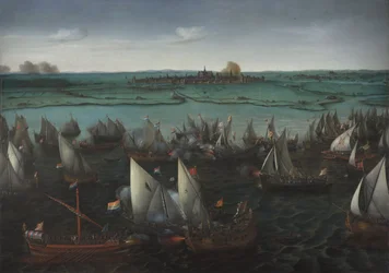 Taistelu hollantilaisten ja espanjalaisten laivojen välillä Haarlemmermeerillä, n. 1629 (öljy kankaalle)