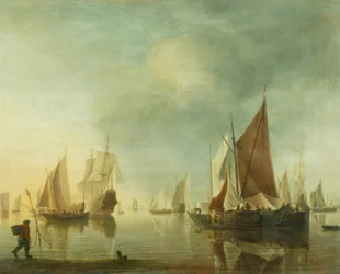 Laivaus ankkurissa offshoressa tyynellä merellä; iltavalo, n. 1650-60 (öljy paneelissa)