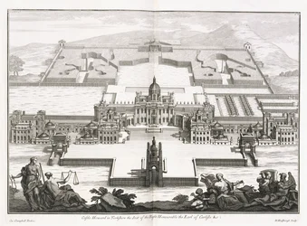 Castle Howard Yorkshiressa, teoksesta "Vitruvius Britannicus" tai "Brittiläinen arkkitehti, joka sisältää sekä julkisten että yksityisten tavanomaisten rakennusten suunnitelmat, korkeudet ja osat Isossa-Britanniassa", Colin Campbell