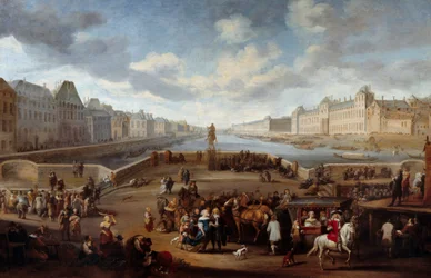 Näkymä Pariisista Louvren kanssa, otettu Henri IV:n sillalta (Actuel Pont Neuf). Hendricks Mommersin (1623-1693) maalaus