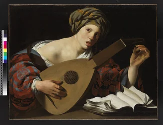 Nuori nainen virittää luuttua, n. 1626-27