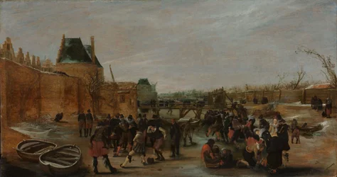 Karkelointi jäätyneellä kanavalla kaupungissa, noin 1615-1620 (öljy paneelille).
