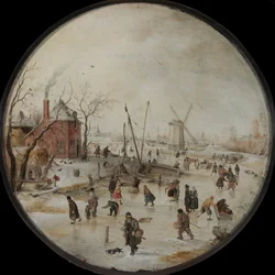 Frozen River luistelijoiden kanssa - Peinture de Hendrick Avercamp