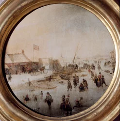 Talvimaisema luistelijoiden kanssa Hendrick Avercampin (1585-1634) maalaus Halkaisija 25 cm Musei di Strada Nuova (ex Palazzo Rosso)