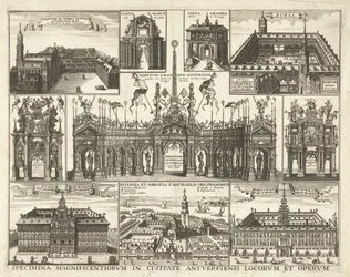 Blad met tien voorsetningen van de intocht van de Kardinaal Infant Ferdinand te Antwerpen, 1635 Näytteitä Antwerpenin kaupungin upeimmista paikoista ja teoksista (otsikko esineessä)
