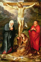 Kristus ristillä, Marian, Pyhän Johanneksen ja Magdaleenan kanssa, n. 1600 (öljy kuparilla)