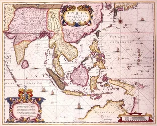 Yleinen kartta Intiasta Etelä-Japaniin ja Pohjois-Australiaan Indonesian saariston ja Filippiinien kautta, n. 1700 (värikaiverrus)