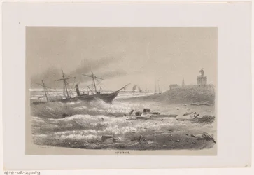 Laiva pulassa rannalla 28. toukokuuta 1860 myrskyn aikana The Beach (otsikko esineessä) Albumi kymmenestä litografoidusta luonnoksesta, jotka kuvaavat Tooneelen of the Destruction, 28. toukokuuta 1860 myrskyn kiihottamana Gravenhaagsche Boscissa