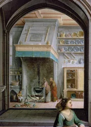 Kristus Martan ja Marian talossa, yksityiskohta keittiöstä, 1620 öljy kankaalle.