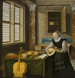 Dame jouant du luth - Lady Playing the Lute, Steenwyck, Hendrick van, nuorempi (1580-1649). Öljy puulle. Mitat: 65 x 64 cm. Tukholman kansallismuseo