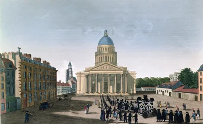 Hautajaiskulkue Pantheonin ulkopuolella, n. 1815-20 (värikaiverrus)