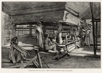 Batak-naiset, Pohjois-Sumatran etninen ryhmä, kudonta. Kaiverrus Laurent Desrousseaux havainnollistamaan tarinaa "" yksi vuosi Malesiassa", Jules Claine (1856-1939), vuosina 1889-1890, Le tour du Monde 1892, ohjaaja Edouard Charton (1807-1891), Hachette, P