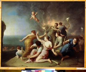 Homeroksen Odysseia: ""Nymfit polttavat Telemachuksen laivaa"" (Nymfit polttavat Telemachuksen laivaa) Henri Antoine de Favannesin (1668-1752) maalaus 1746 Pushkin-museo Moskova