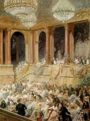 Vastaanotto antaa Napoleon III:n tuileriesille. Henri Baronin vesiväri (1816-1885)