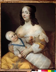Esitys tulevasta kuningas Ludvig XIV:n (1638-1715) vauvasta uimapuvussa hoitajansa Marie de Longuet de la Giraudieren käsivarsissa Naisen rinta on löydetty ja valmis imettämään lasta. Charlesin (1604-1692) ja Henrin (1603-1677) maalaus