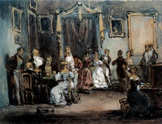 Ilta Madame X:n sosiaalisessa tapaamisessa pariisilaisen naisen salongissa. Henry Monnierin (1805-1877) akvarelli 1800-luku