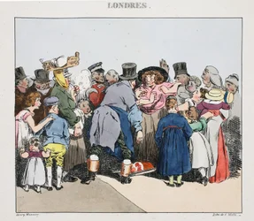 Kuvitus Henri Monnierin pubista "Londres". Pariisi, n. 1828 (käsinvärinen lito)