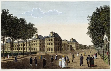Puutarha ja Palais du Luxembourg nähtynä pienen Luxemburgin terassilta. Kaiverrus Courvoisier