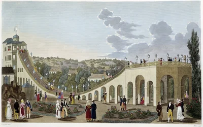 Näkymä Bellevillen vuorille, noin 1820 - Courvoisierin "" Vues de Paris" -kirjassa