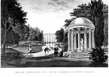 Näkymä Venuksen temppelistä ja Peer Trianonin linnasta Versaillesissa - piirros Courvoisier