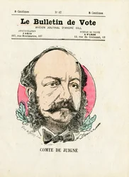 Äänestyslippu 2. sarja, satiirinen värikuvitus: De Juigne Comte - kuvitus Henri Demare (1846-1888).