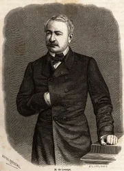 Muotokuva Ferdinand de Lessepsistä (1805-1894), diplomaatista ja yrittäjästä, kahden kunnianhimoisen hankkeen edistäjästä: Suezin ja Panaman kanavat, Henri Rousseaun piirustus havainnollistamaan Paul Merruaun retkiä Suezin kanavalle vuonna 1862. Kaiverrus 