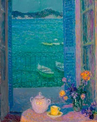 Kukkakimppu ikkunalla, Villefranche sur mer - Kukkakimppu ikkunalla, Villefranche-sur-Mer - Henri Le Sidanerin (1862-1939) maalaus