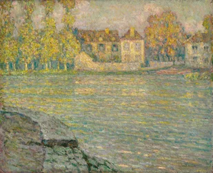 Talot joen rannalla Sunsetissa, Moretissa; Taloja joella auringonlaskun aikaan, Moret