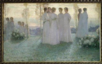 Sunnuntaina valkoisiin pukeutunut nainen puhuu puutarhassa - Henri Eugene (Henri-Eugene) Le Sidaner (1862-1939) maalaus