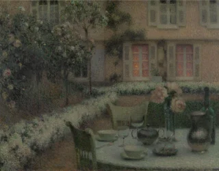 Pöytä Gerberoyn valkoisessa puutarhassa, noin 1900 (öljy kankaalle).