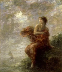 Ariane. Hän katsoo Theseen veneen purjehtivan kaukaisuuteen ja jää yksin, hylättynä. Henri Fantin-Latourin maalaus (Fantin Latour).