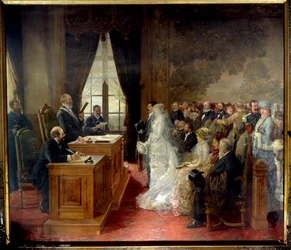 Mathurin Moreaun siviiliavioliitto solmittiin Pariisin kaupungintalossa vuonna 1881. Henri Gervexin (1852-1929) maalaus