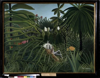 Jaguaari hyökkäsi hevosen kimppuun. Henri Rousseaun maalaus nimeltä Douanier Rousseau (1844-1910)