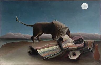 ""Nukkuva mustalainen"" Henry Rousseaun maalaus, joka tunnetaan nimellä Douanier Rousseau (1844-1910) 1897 Koko 129,5x200,7 cm New York, Modernin taiteen museo