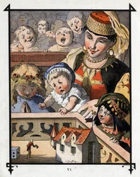 Lemuel Gulliver Brobdingnagin jättiläisten maassa on lasten uteliaisuus. Kuvitus Jonathan Swiftin (1667-1745) elokuvaan "" Gulliver
