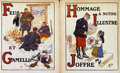 Tuli ja sotku tina ja kunnianosoitus marsalkka Joffrelle, kuvitus kirjasta "Alphabet de la Guerre"