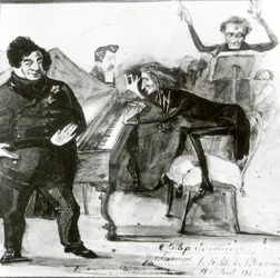 Galop Chromatique -karikatyyri Luigi Lablachesta, Franz Lisztistä (1811-86) pianolla ja Francois Habeneckistä