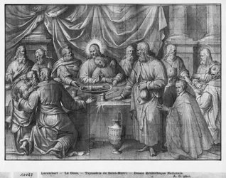 Kristuksen elämä, viimeinen ehtoollinen, kuvakudossarjakuvan valmistelututkimus Saint-Merrin kirkolle Pariisissa, n. 1585-1590 (pierre noire, pesu ja valkoiset kohokohdat paperilla)